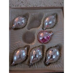 Glass Christmas Tree‎ Ornaments Set of 5 Pink with Silver Glitter Romania